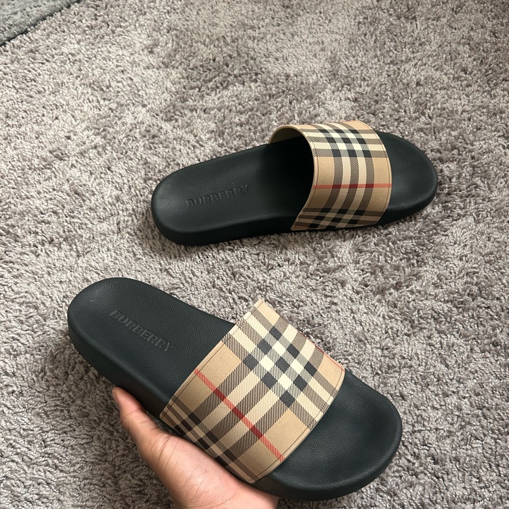 Burberry Beige and Black Check Slides